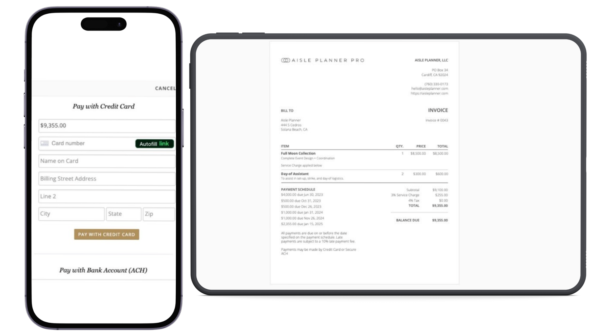Wedpay Image A mobile smartphone and tablet display the Aisle Planner Pro online payment system, featuring a professional digital invoice and a secure checkout screen for credit card or ACH bank transfers to simplify wedding business billing.