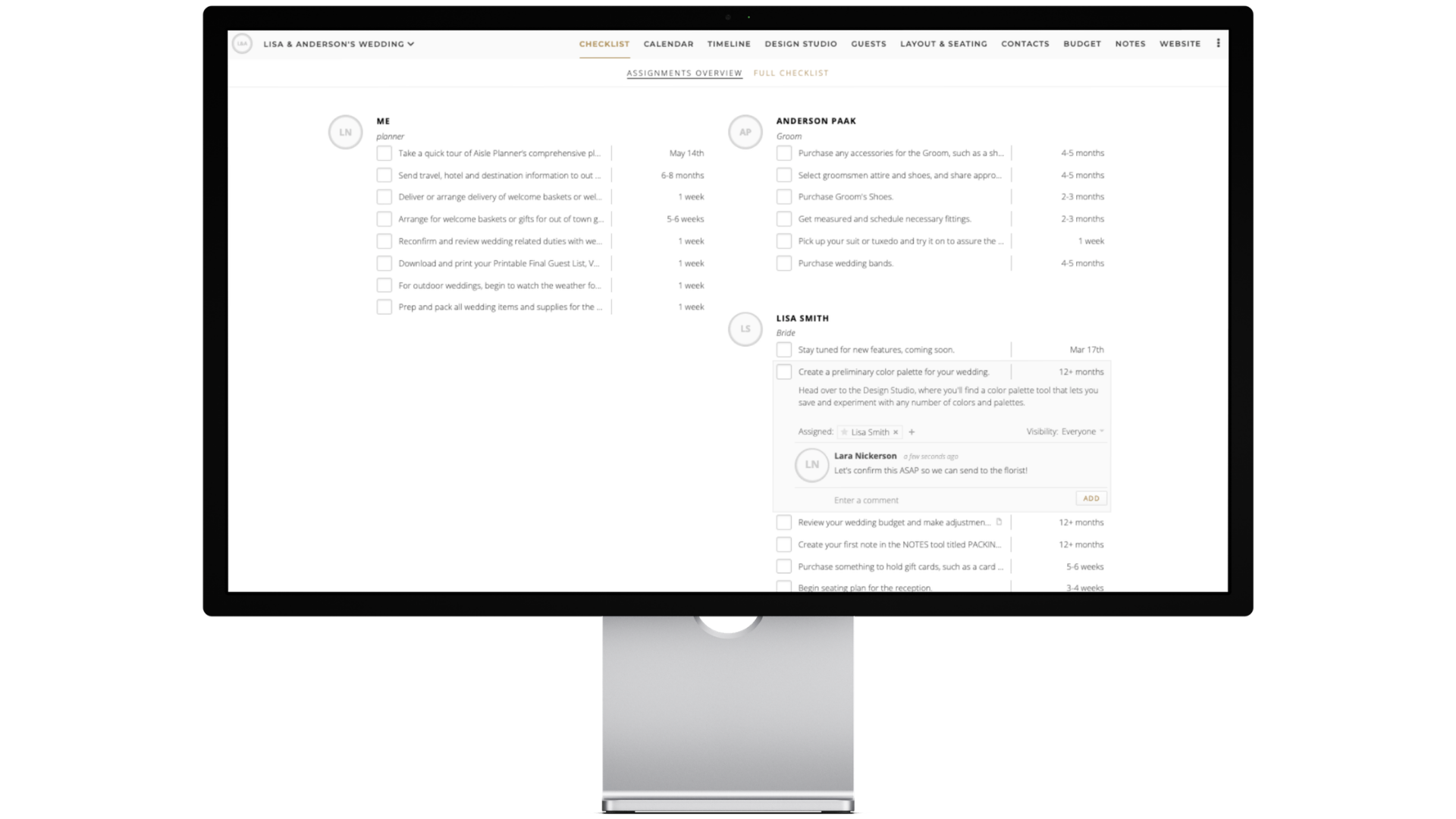 AP Checklist Image A desktop monitor displays the Aisle Planner Pro wedding checklist and project management dashboard, featuring task assignments for planners and couples to streamline event coordination.