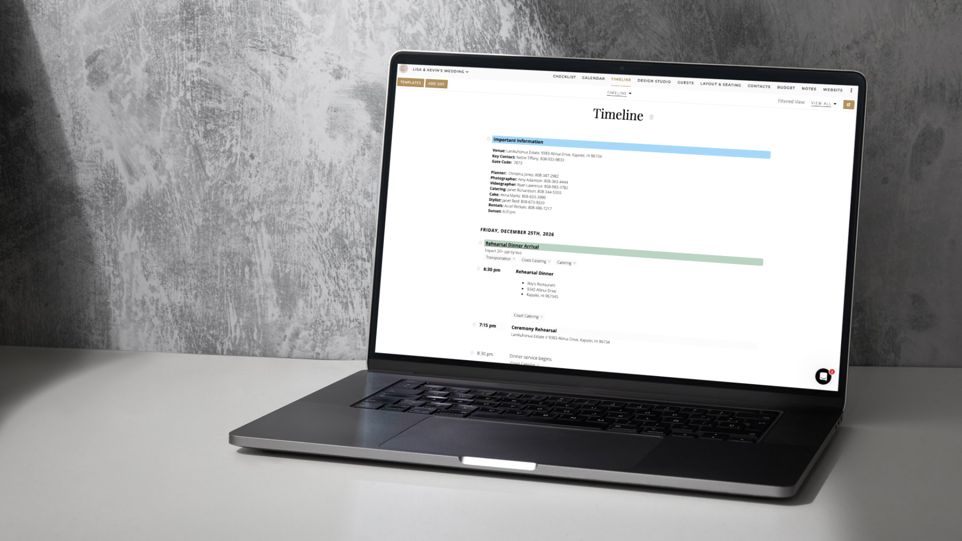 Timeline Project Image A laptop on a desk displays the Aisle Planner Pro timeline and itinerary builder, showcasing a detailed event schedule and vendor contact list for professional wedding coordination.
