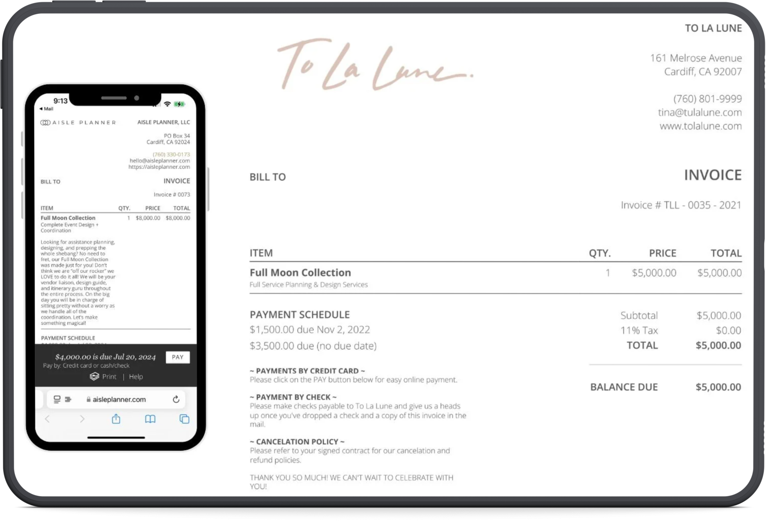 Revenue sales page hero Image
Gemini said
A professional monitor displays a comprehensive Aisle Planner Pro wedding invoice and mobile payment interface, featuring a detailed itemized breakdown and "Pay with Credit Card" options to streamline client billing and financial management for event professionals.