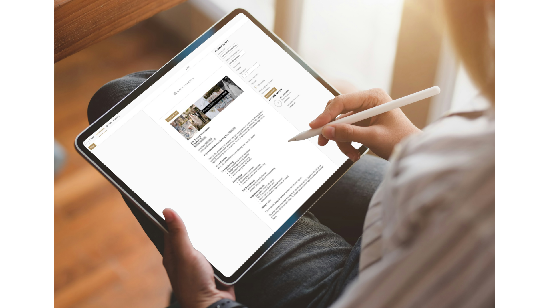 Aisle Planner Pro Customized Proposals A sleek, branded Aisle Planner Smart Proposal in mid-edit, featuring custom hero imagery, integrated color palettes, and a flexible layout that showcases a personalized event vision for a prospective client.