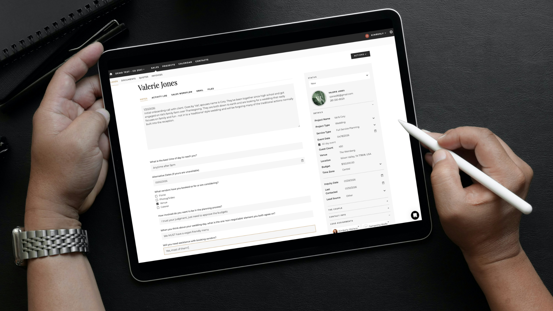 Lead Image-Sales & Revenue page A detailed view of an individual lead record in Aisle Planner Pro, showing a unified workspace with client contact information, a chronological activity log of communications, and a dedicated section for internal team notes.