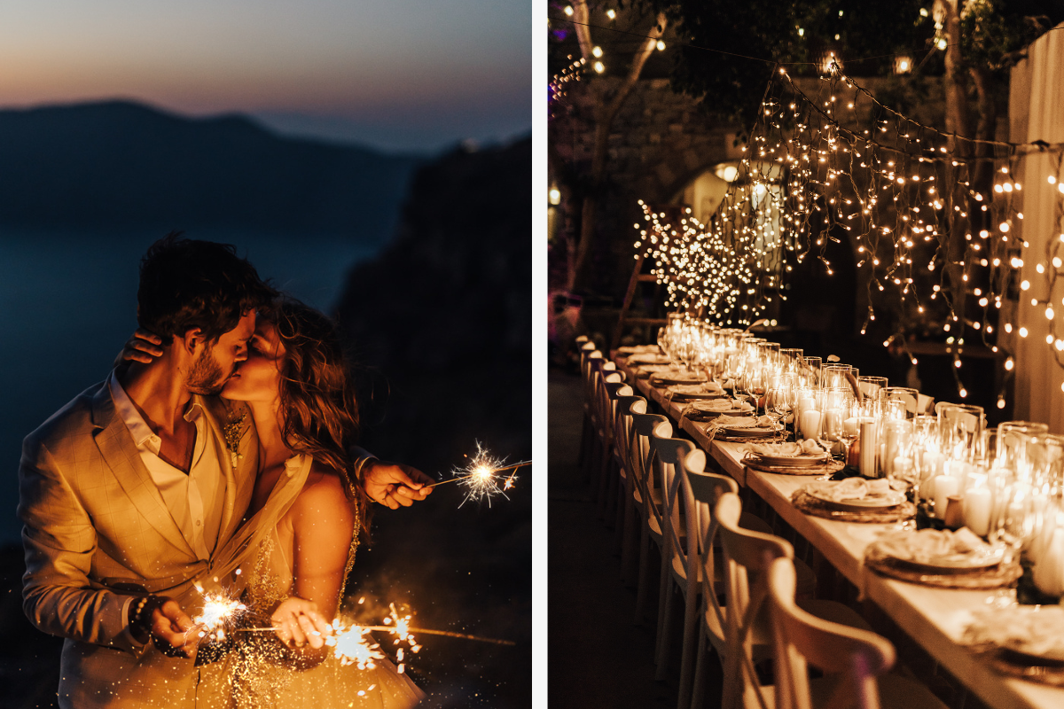 Left photo is couple holding sparklers 